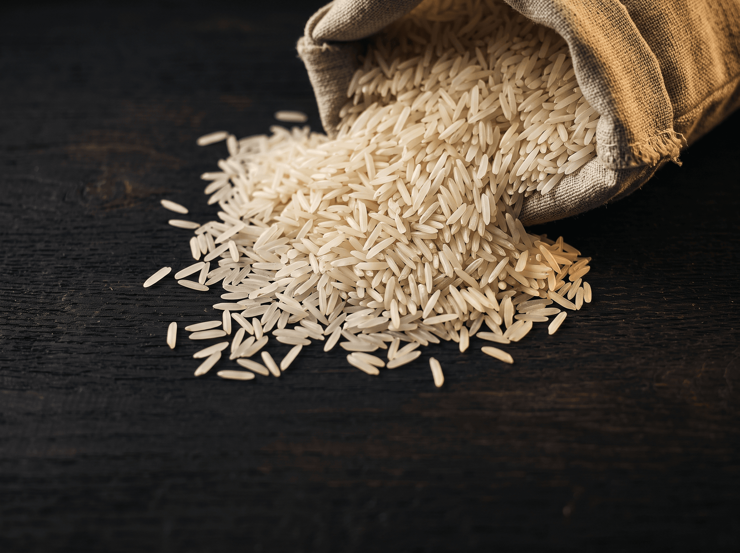 Long-grain Pakistani basmati rice cascading from a linen sack